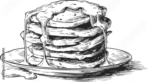 Pancakes sketch hand drawn stack with syrup on plate — stock vector