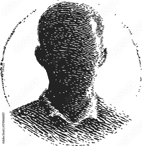 Silhouette portrait sketch, hand drawn male head and shoulders, textured engraving style — stock vector