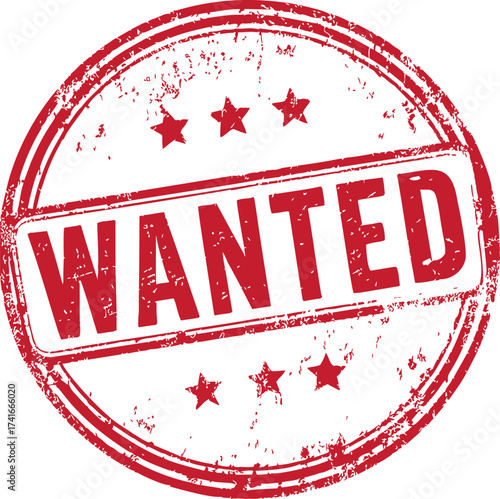 Wanted stamp sketch, hand drawn red grunge circular badge with stars — stock vector