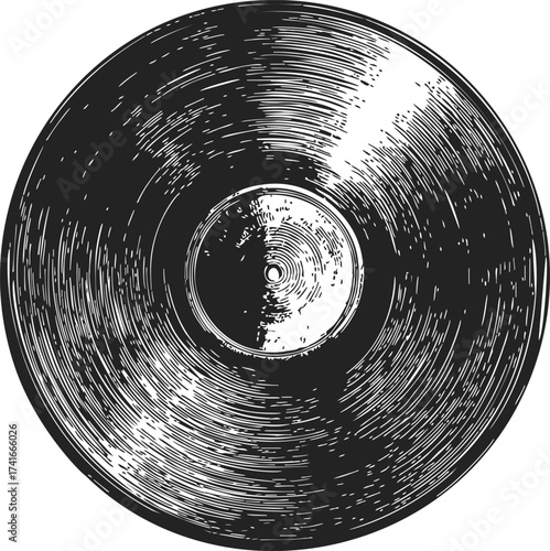Vinyl record sketch, hand drawn style, detailed retro music disc illustration — stock vector