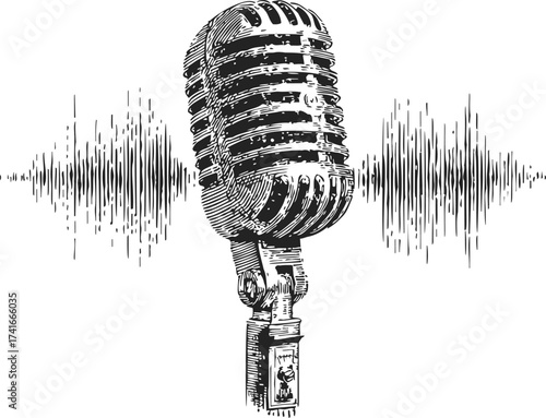 Vintage microphone sketch, hand drawn style with sound wave background — stock vector