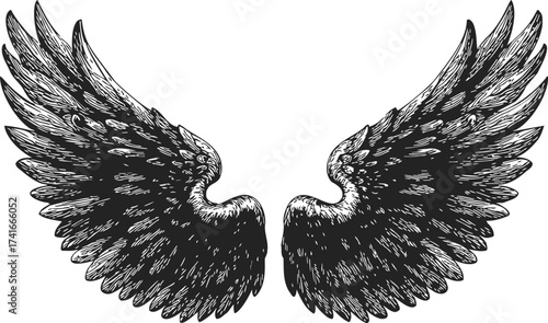 Black wings sketch, hand drawn style, detailed feathered open angel wings — stock vector