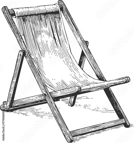 Deck chair vector hand drawn sketch, vintage folding wooden lounge seat illustration — stock vector