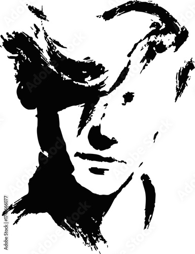 Male portrait abstract black and white vector, expressive brush stroke face illustration — stock vector