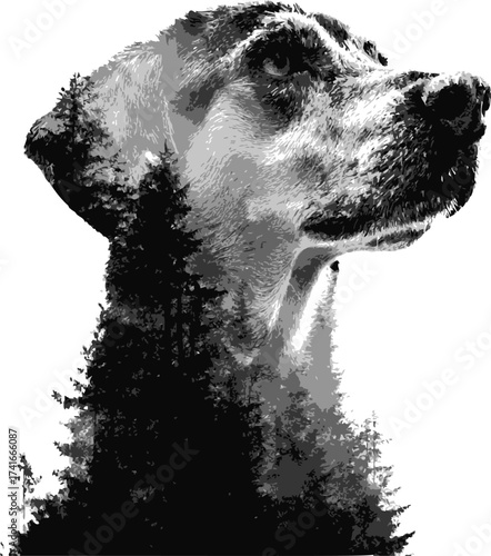 Dog vector double exposure with forest trees, black and white artistic silhouette — stock vector