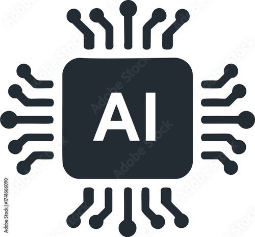 AI chip vector, minimal microchip icon with circuit lines, artificial intelligence concept — stock vector