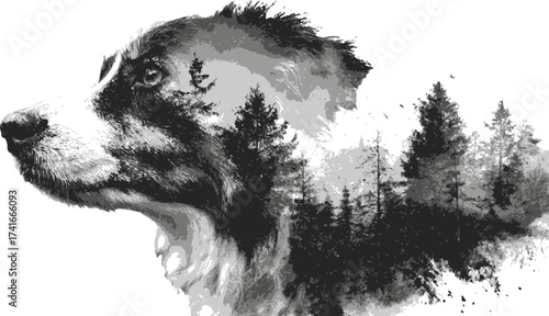 Dog double exposure vector, forest trees blended in animal silhouette — stock vector
