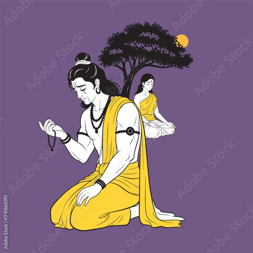 Lord Rama kneels in distress, holding Sita's mala, while she remains isolated in the distance. A deeply emotional vector art scene of their Ramayana separation.