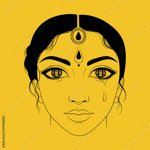 Sita's poignant vector portrait during her separation from Rama. A single tear rolls down her cheek, reflecting her profound grief and longing from the Ramayana epic.