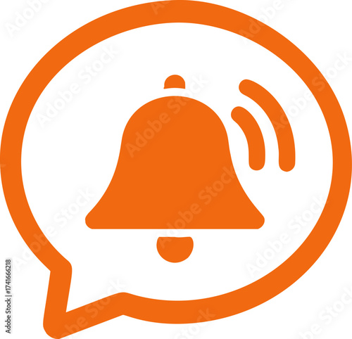 Notification bell icon vector in orange speech bubble with ringing lines — stock vector