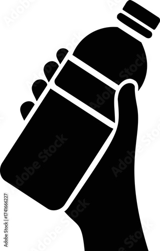 Hand holding bottle vector, bold black silhouette, isolated on white background — stock vector