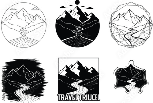 Mountain landscape vector set, black and white nature illustration, winding river design, abstract travel art, minimalist outdoor scene, stylized terrain graphi