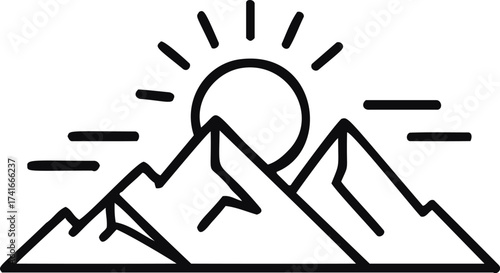 Mountains vector line art with sun and rays minimal landscape — stock vector
