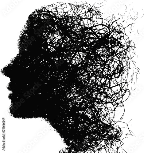 Human face profile abstract scribble vector, chaotic tangled lines silhouette — stock vector