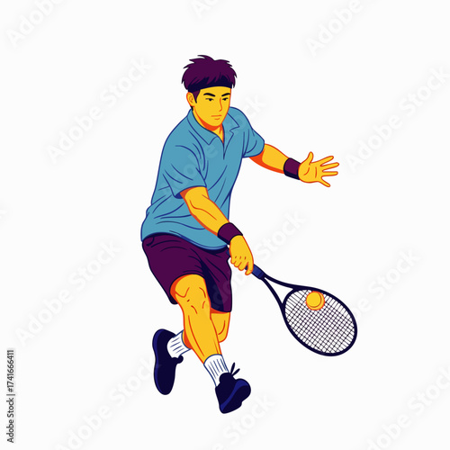 An illustrated tennis player in action, swinging the racket to hit the yellow tennis ball during a competitive match, isolated on white.