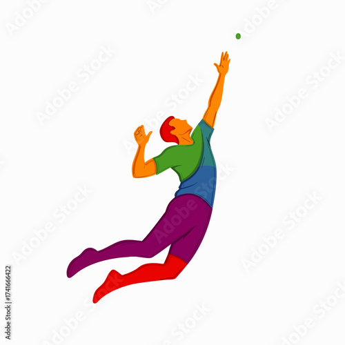 A vibrant illustration captures a volleyball player mid-air, reaching for the ball in a dynamic display of athleticism and sporting action.