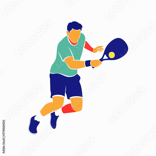 A stylized illustration depicts a tennis player in action, swinging a racket to hit the ball during a match, isolated on a white background.