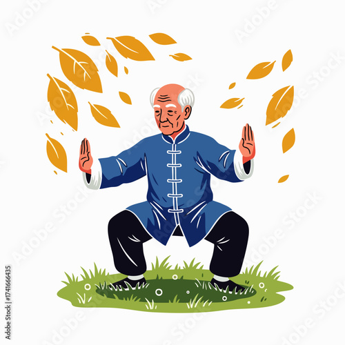 An elderly man practices Tai Chi outdoors, surrounded by autumn leaves, promoting wellness and mindful exercise in nature.