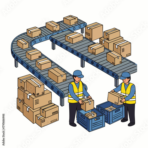 Illustrated view of workers managing packages on a conveyor belt system in a warehouse, emphasizing logistics and distribution processes.
