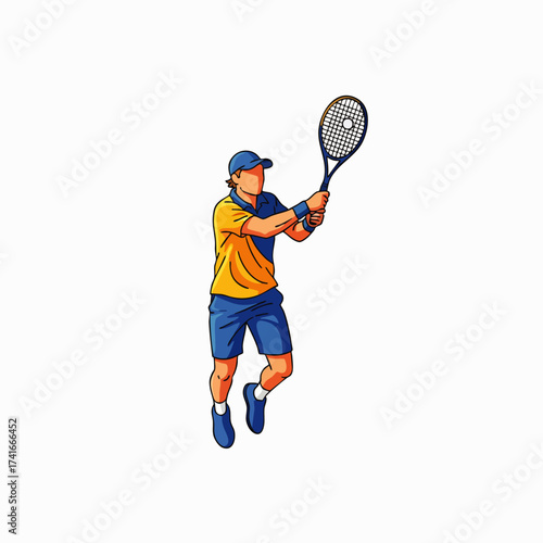 A dynamic illustration captures a tennis player mid-air, poised to strike the ball with vibrant energy and athletic prowess.