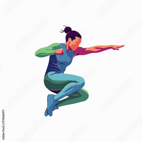 Dynamic illustration of a woman in athletic attire executing a powerful jump, showcasing energy and movement against a clean background.