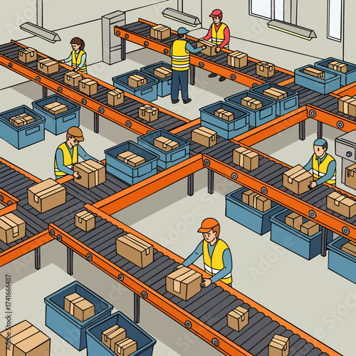 Workers efficiently manage packages on conveyor belts within a modern distribution center, ensuring seamless logistics and operational excellence.