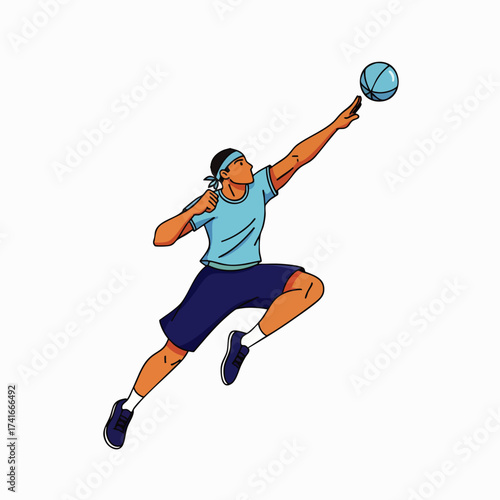 An energetic basketball player in action, leaping to shoot the ball, showcasing athleticism and competitive spirit against a clean white backdrop.