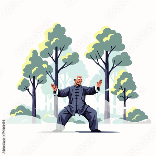 An illustration of an elderly man practicing Tai Chi in a park, surrounded by trees, promoting health and wellness in nature.