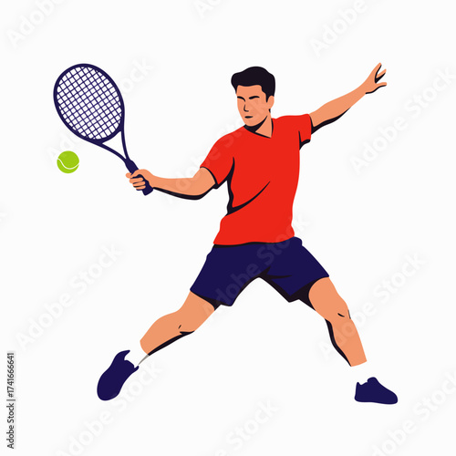 A dynamic illustration captures a tennis player in action, poised to strike the ball with a racket during a competitive match.