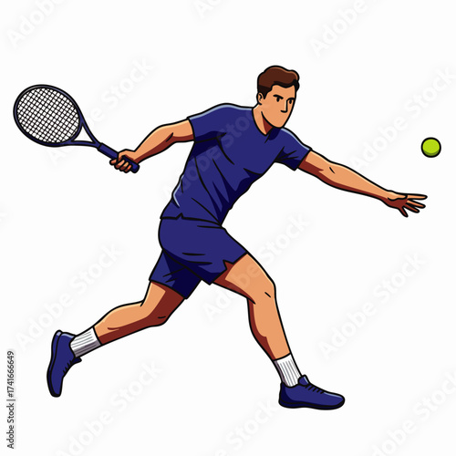 An illustration of a tennis player in action, hitting a ball with a racket during a match, showcasing athleticism and sport.