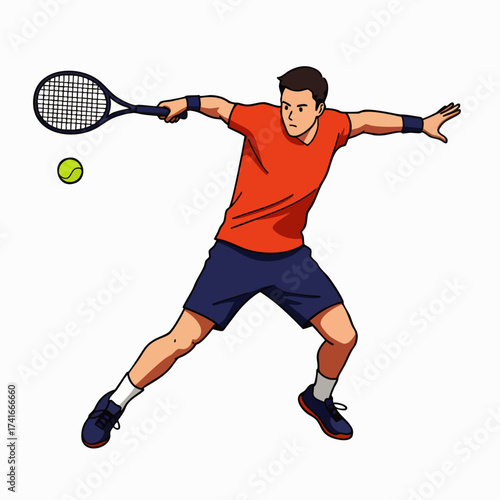 A dynamic illustration depicts a tennis player in action, poised to strike the ball with a racket during a match, showcasing athleticism.
