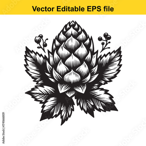 Vector art of black and white illustration of a hop cone with leaves