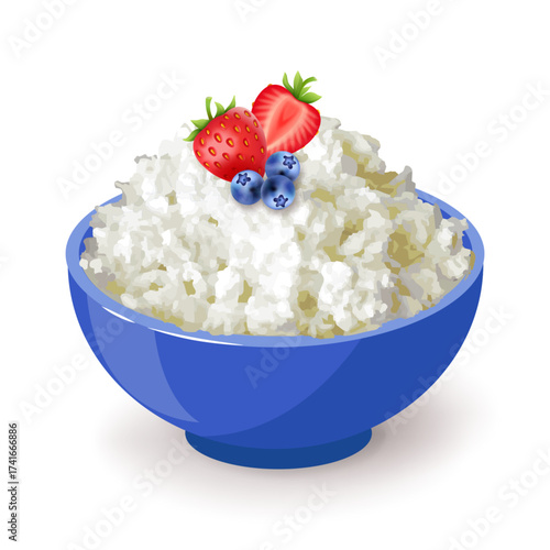 Cottage cheese in blue ceramic bowl top side view vector illustration isolated on white background.