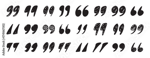 quotation mark doodle testured hand drawn icon set. quotation mark drawing line clipart symbol collection