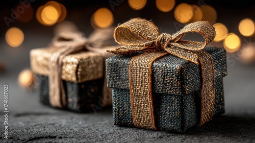 Two elegant black and gold presents tied with rustic ribbons sit on a textured surface with a warm festive bokeh background