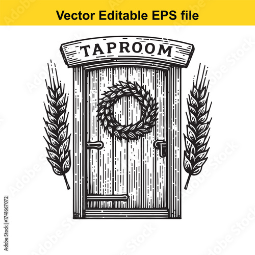 Vector art of taproom door with wheat ears and wreath