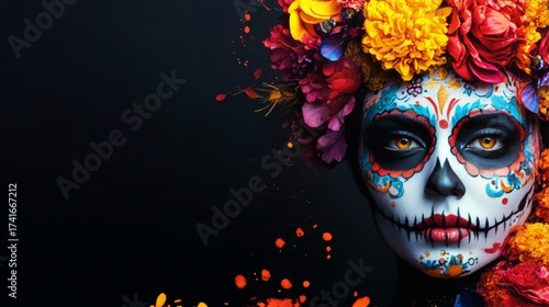 Vibrant sugar skull makeup design for halloween or dia de muertos celebration   customizable banner