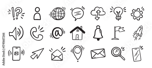 Contact doodle hand drawn icon. Isolated communication signs for business