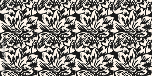 Vector abstract floral pattern. Seamless ornament with sketchy flower silhouettes. Black and white botanical background texture with negative space graphic effect. Repeating design for textile, carpet
