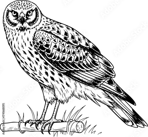 Hand-drawn sketch of Field harrier (Circus cyaneus), monochrome black ink, vector, isolated on white background