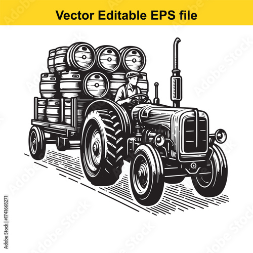 Vector art of vintage tractor pulling a wagon full of barrels