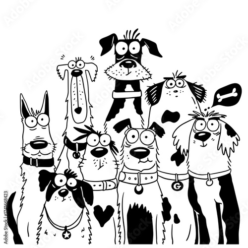 Funny black and white vector illustration of eight quirky dogs. Cartoon style hand drawing