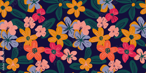 Vector floral seamless pattern. Cute abstract background with hand drawn summer flowers, leaves. Modern texture print in dark and bright colors. Repeat funky design for kids, decor, textile, package