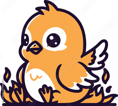 Adorable baby bird with big sad eyes sits in a field of flowers