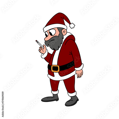Sad bad and tired Santa Claus smoking after the busy holiday season 