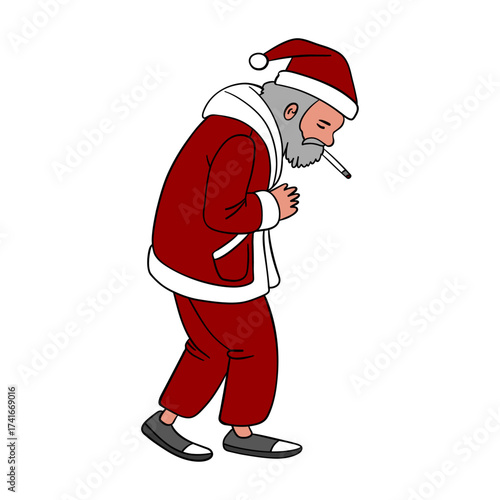 Sad bad and tired Santa Claus smoking after the busy holiday season 