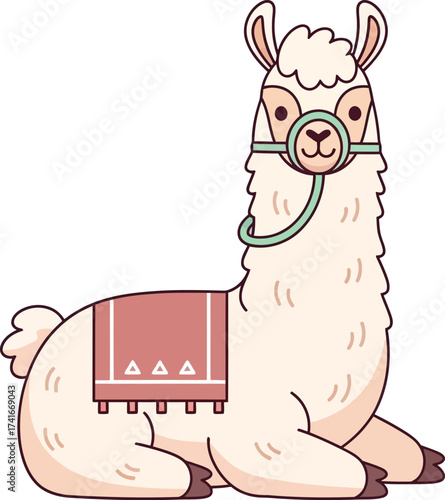 Charming cartoon llama resting peacefully with decorative saddle and halter