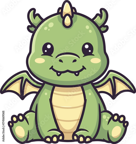 Adorable green baby dragon sitting happily with big innocent eyes and tiny wings