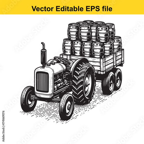 Vector art of old tractor carrying a load of barrels