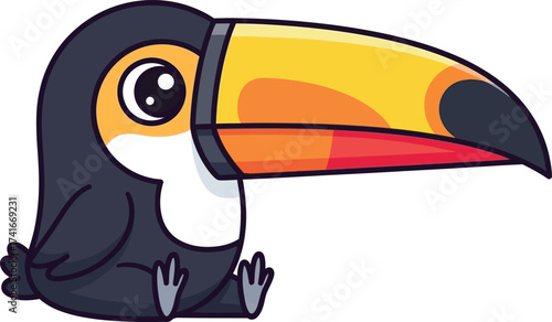 Adorable cartoon toucan bird with vibrant beak sitting patiently, perfect for playful designs